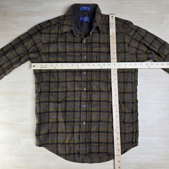 Pendleton Lodge Shirt Fitted Virgin Wool Button Flannel Brown Plaid Sz Medium - Picture 5 of 8